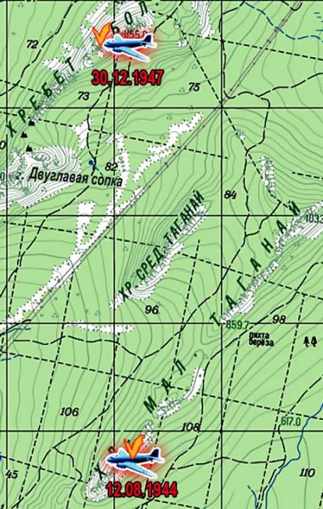 Картосхема Таганайского горного массива с указанием места авиакатастроф. Составлена автором.